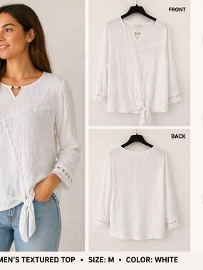 Alfred Dunner White Textured Tie-Front Tunic Top